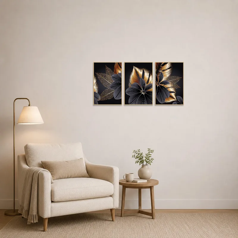 Sophisticated floral triptych in a cozy reading corner.