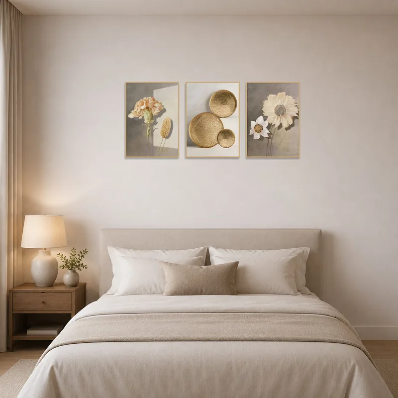 Elegant floral art set adds tranquility to a bedroom decor.