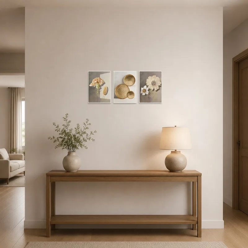 Elegant floral art set greets guests in the entrance hall.