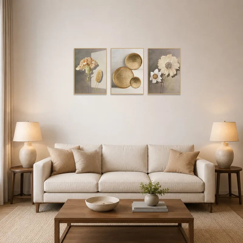 Wall art set featuring elegant florals in a classic living room.