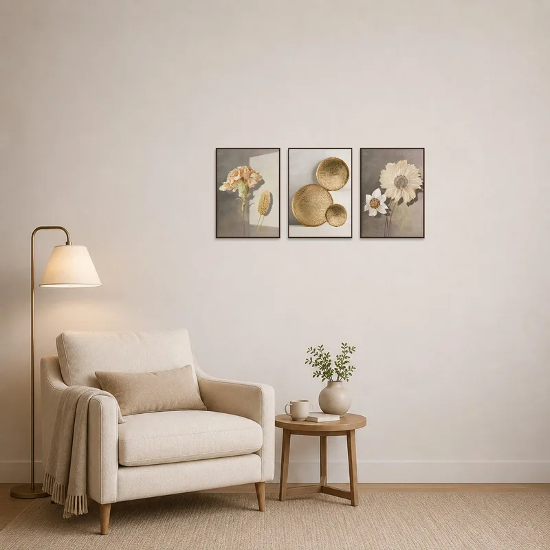 Floral and textural art adorns a cozy reading corner.