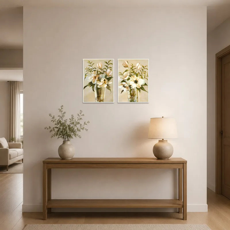 Floral set greets guests in the entrance hall with elegance and softness.