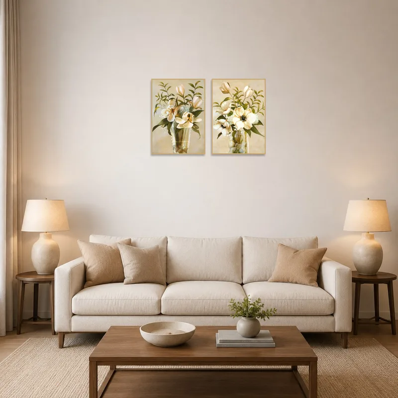Elegant floral art set hangs above a cozy sofa in a chic living room.