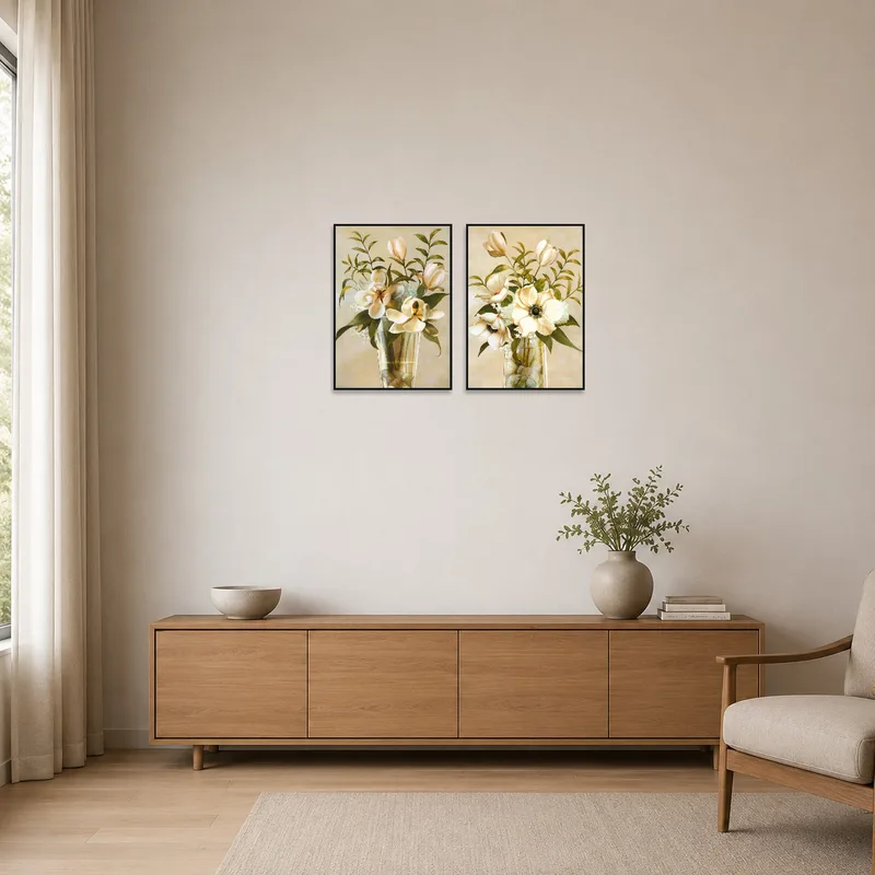 Soft-hued floral arrangement set adds warmth to a minimalist space.