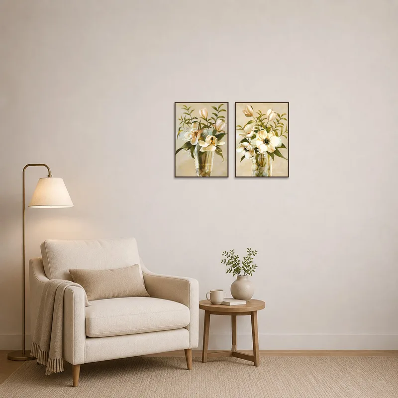 Art set in soft hues enhances a serene reading corner ambiance.
