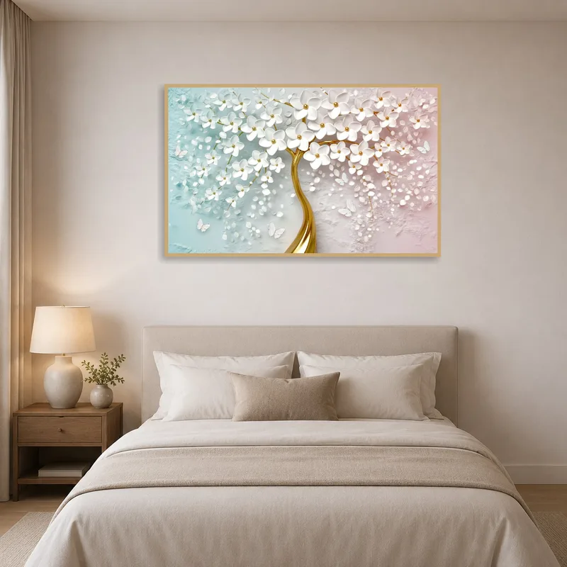 Elegant floral art with white blossoms enhances a tranquil bedroom.