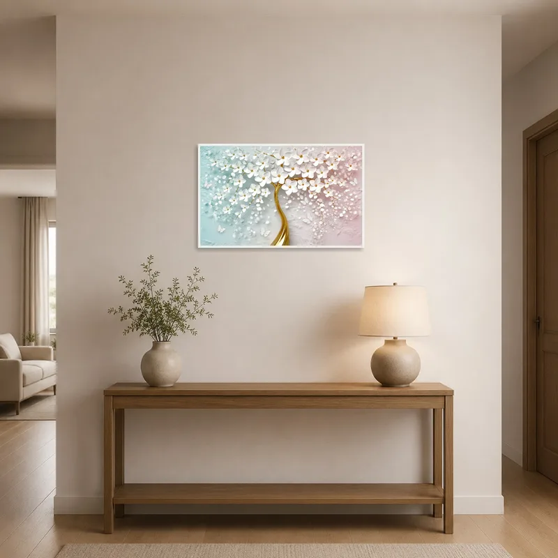 Charming white blossom art welcomes guests in an entrance hall.