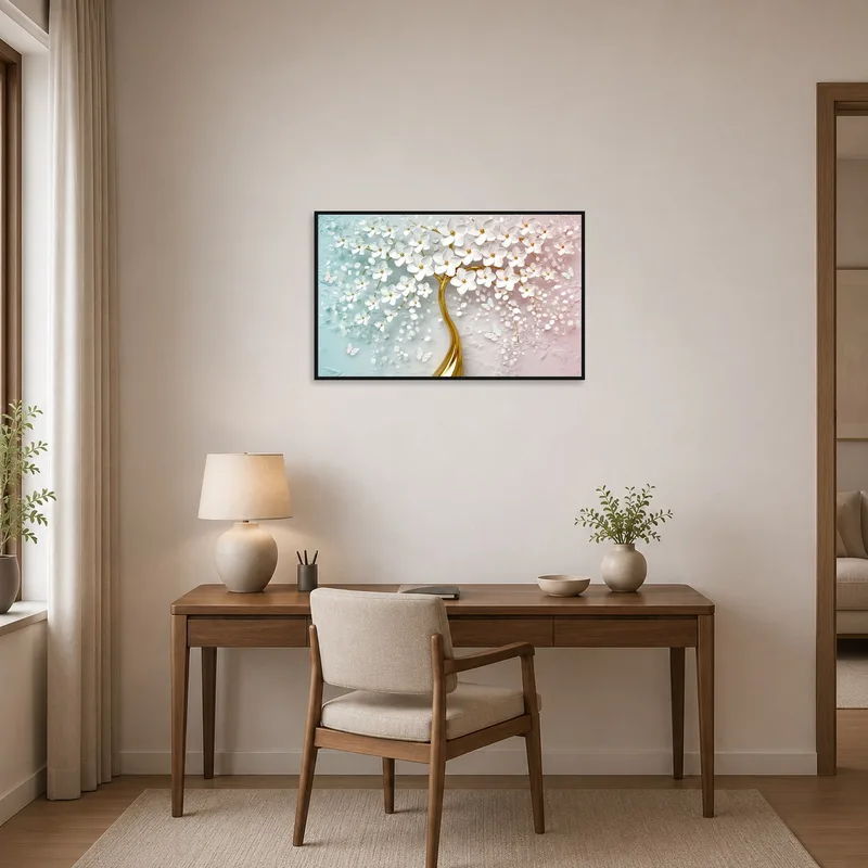 White blossoms painting brings a touch of nature to a home office.