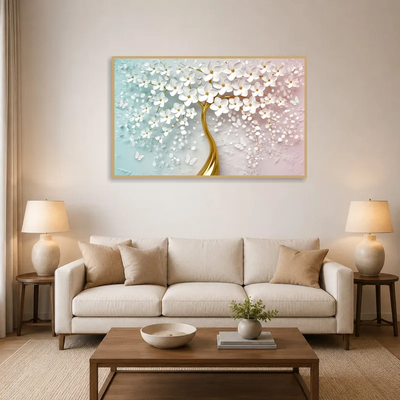 Floral artwork with white blossoms adds grace above a living-room sofa.