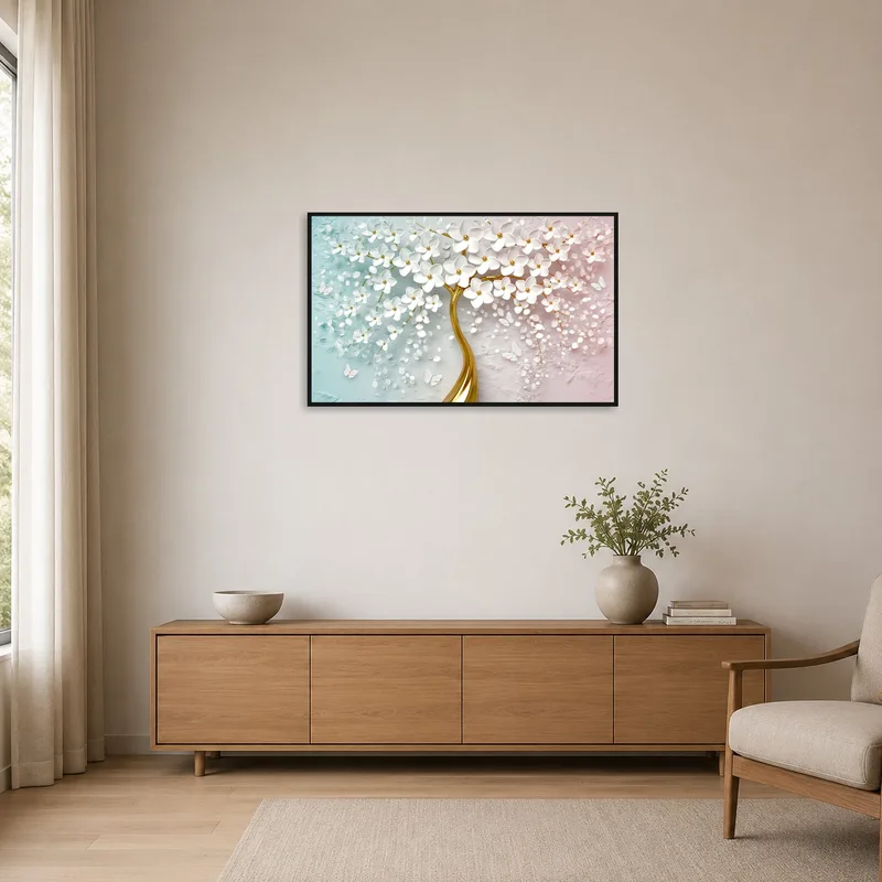 A simple display of white floral art in a minimalist setting.