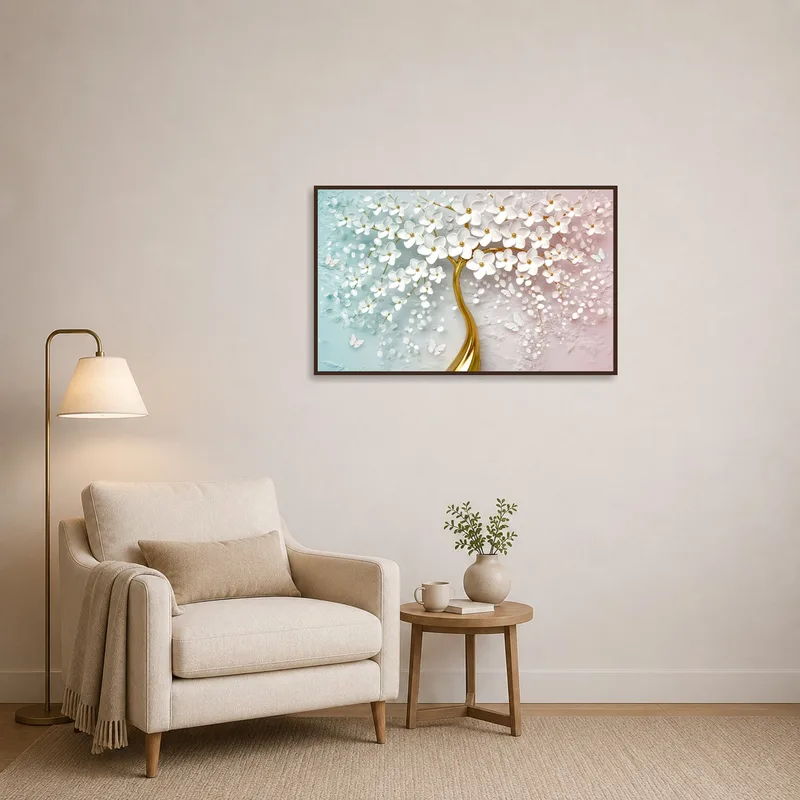 White blossoms artwork complements a cozy reading corner.