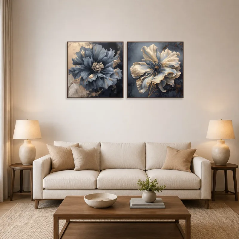 Art set with blue and gold florals above a cozy living room sofa.