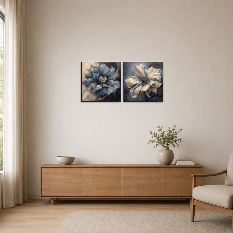 Blue and gold floral art against clean, white minimalist walls.
