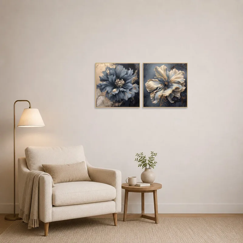 Floral art in blue and gold complementing a quiet reading corner.