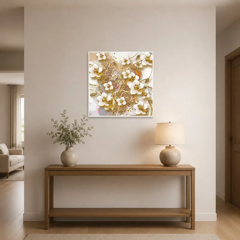 Elegant floral artwork with gold accents greets at the entrance hall.