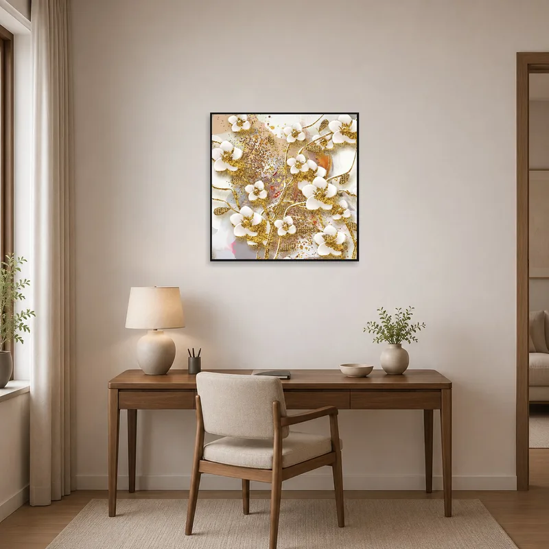 Gold-accented floral artwork inspires creativity in the home office.