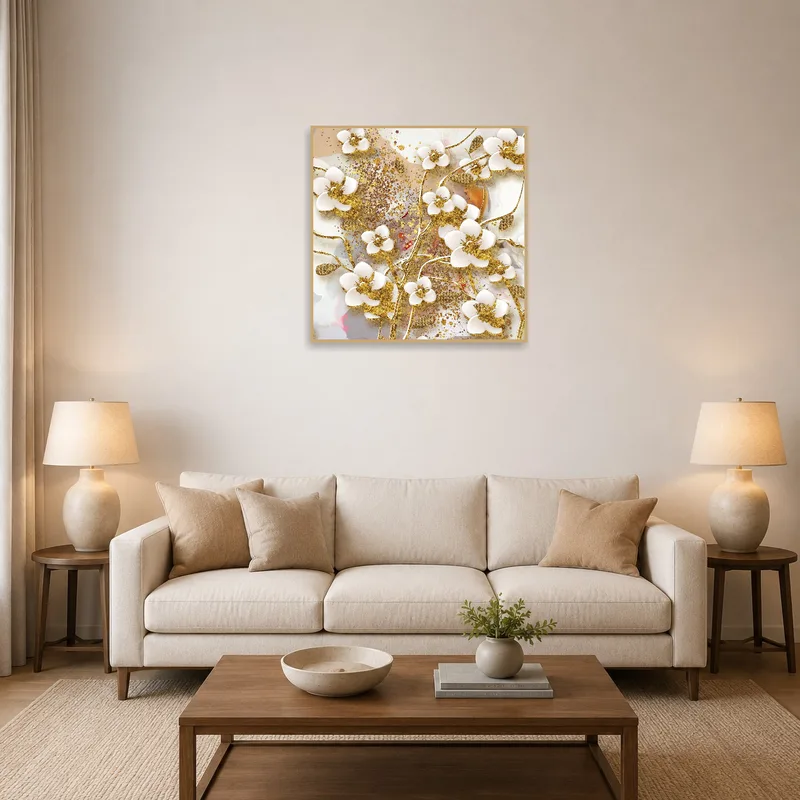 Floral art with gold accents adds sophistication to the living room wall.
