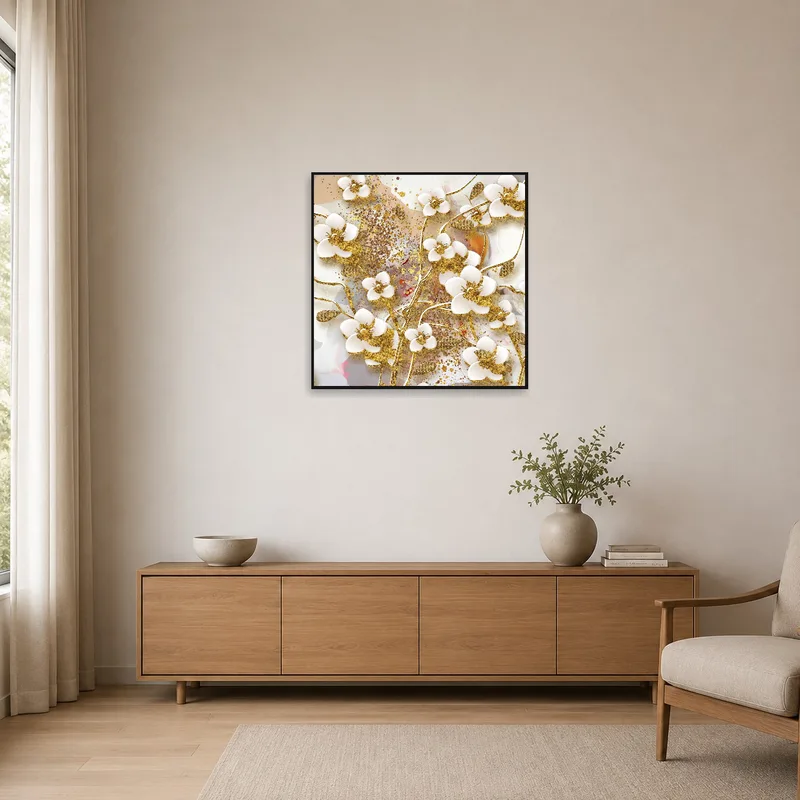 Floral gold-accented art stands out in a minimalist room setting.