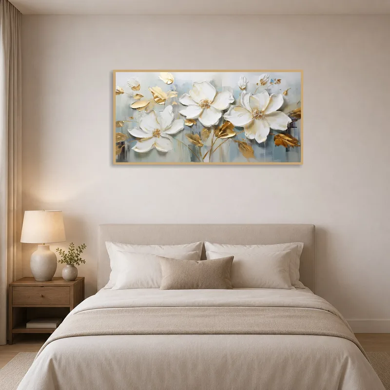 Bedroom featuring soothing floral artwork with gold detail.