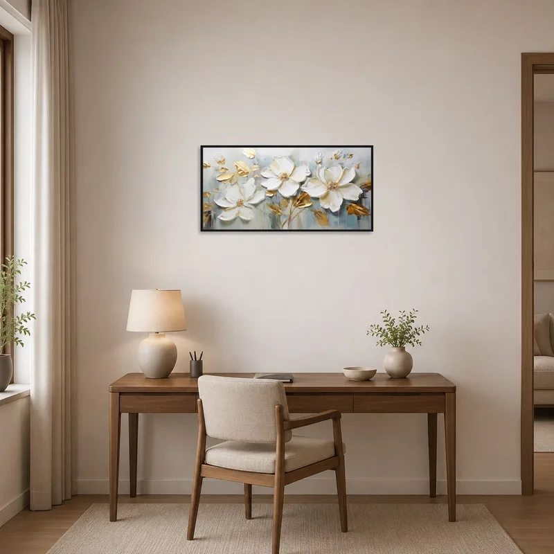 Home office showcasing refined floral artwork with gold touches.
