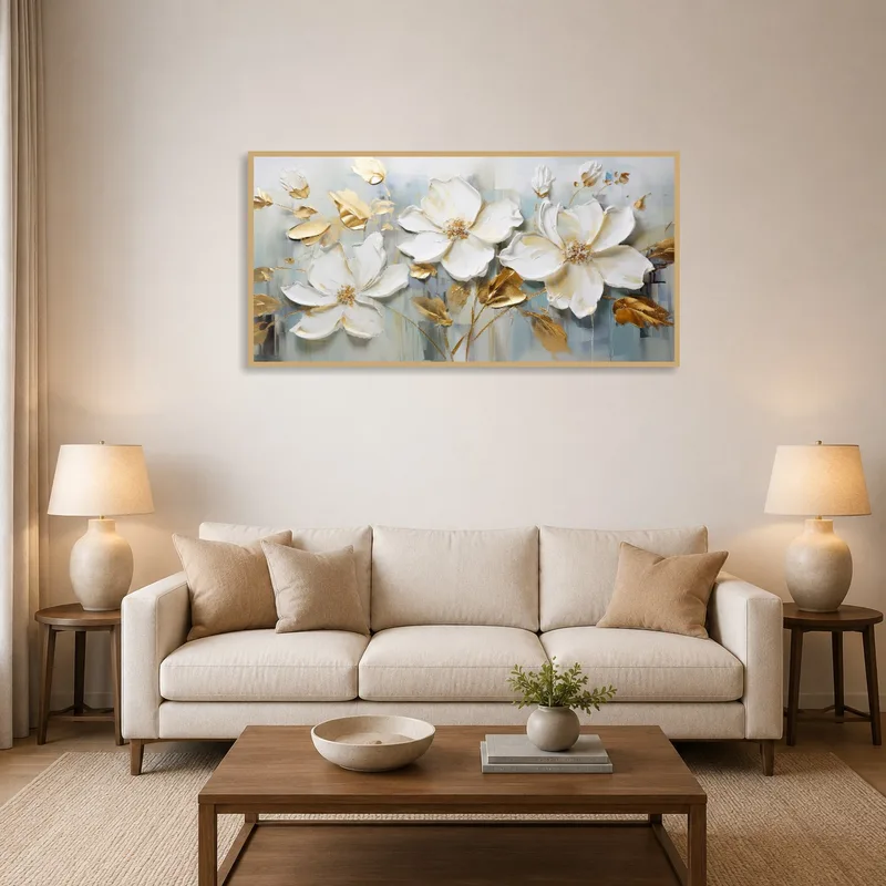 Elegant floral artwork with gold accents displayed in a cozy living room.