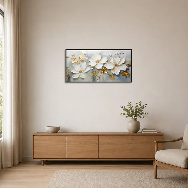 Minimalist space featuring elegant floral artwork with subtle gold accents.