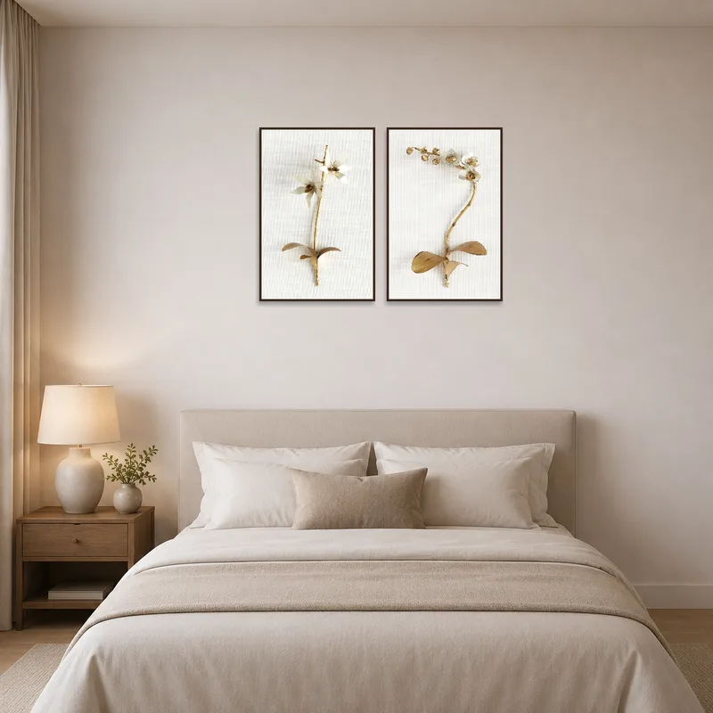Bedroom ambiance enriched by a set of elegant floral botanical wall art.