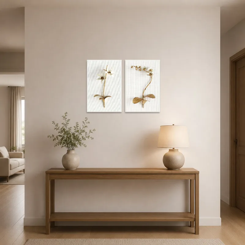 Welcoming entrance hall with a floral botanical art set on display.