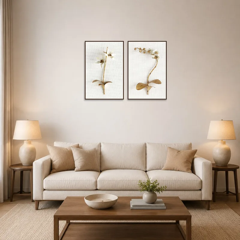 Elegant Floral Botanical art set adding charm to a cozy living room setting.