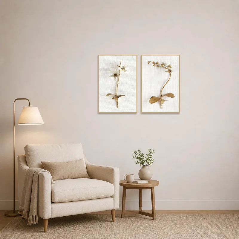 Serene reading corner enhanced by the presence of elegant floral botanical art.