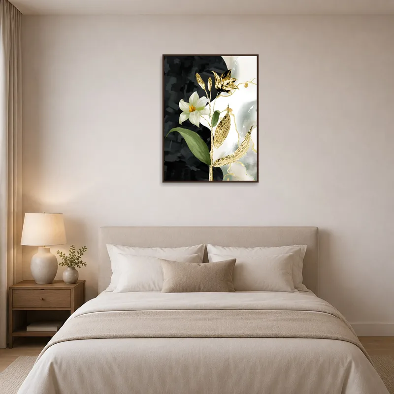 Bedroom setting enhanced by an elegant floral piece with gold accents.
