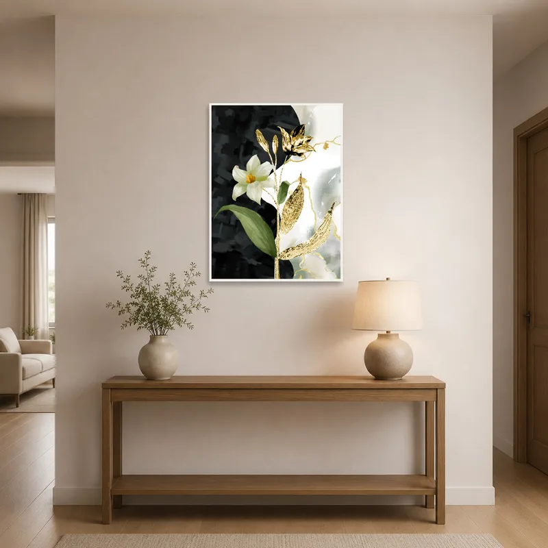 Entrance hall adorned with elegant floral composition and gold detail.