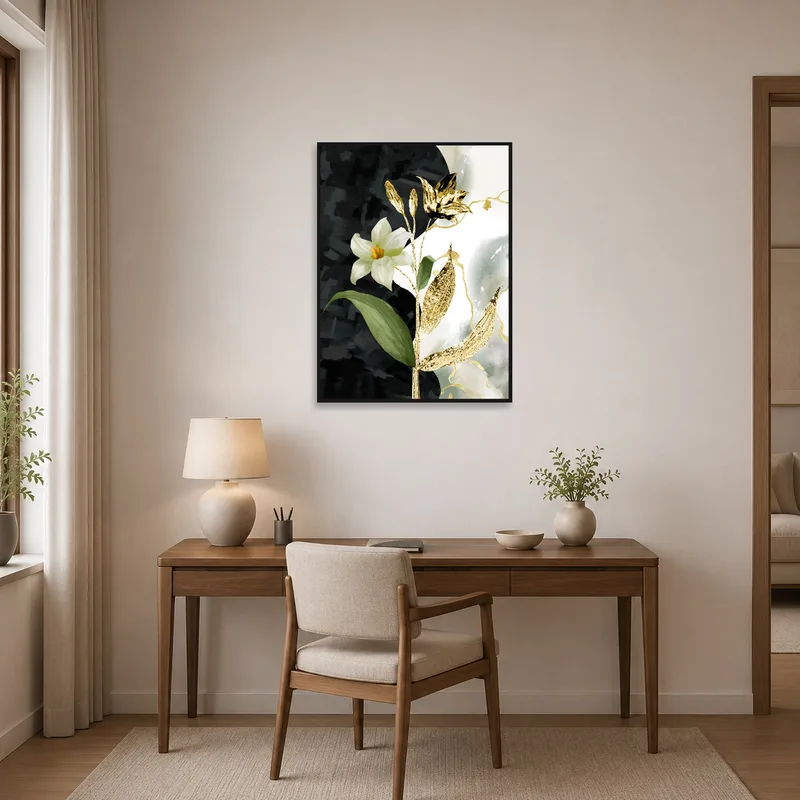 Home office displaying floral art with sophisticated gold touches.