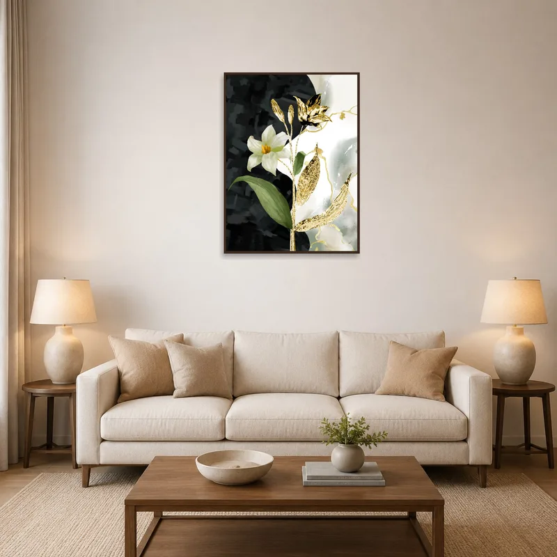 Elegant floral art with gold accents in a cozy living room scene.