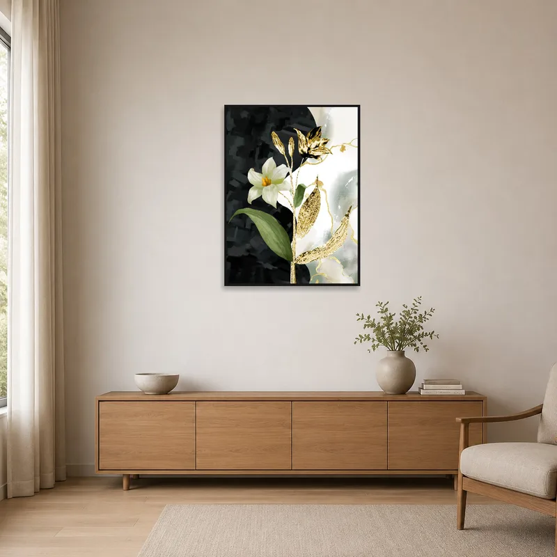 Minimalist room showcasing floral art with subtle gold accents.