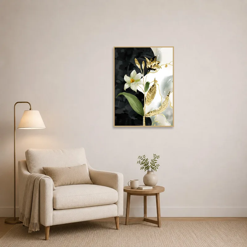 Reading corner highlighted by floral art featuring gold elements.
