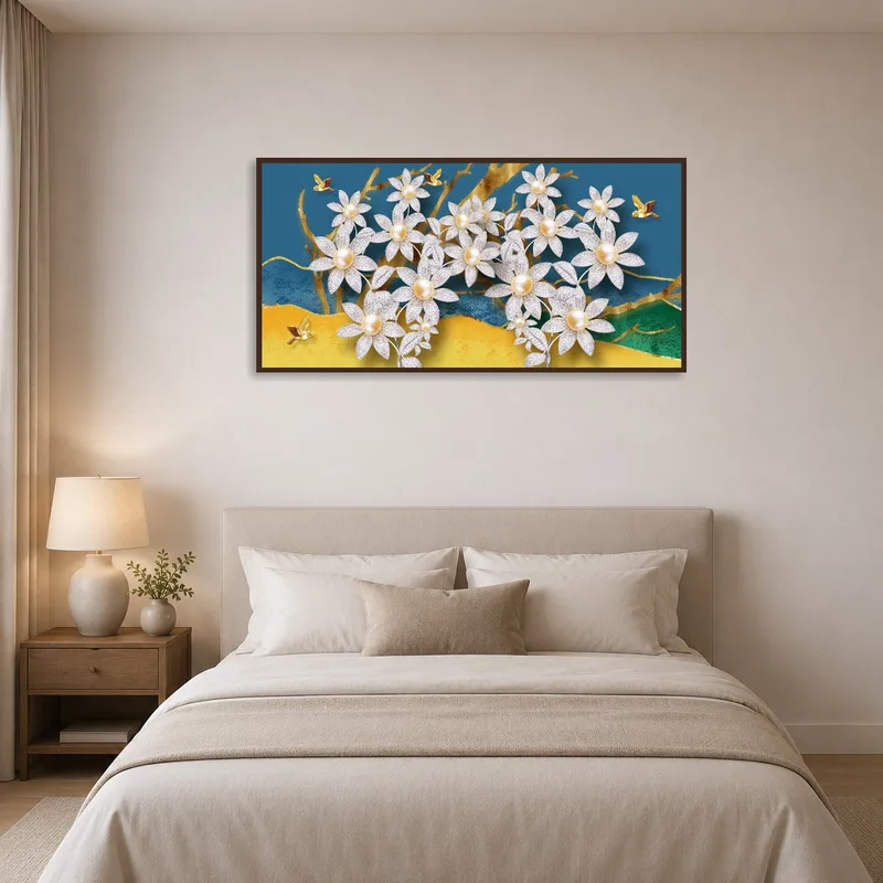Calming floral design with pearls enhancing a serene bedroom.