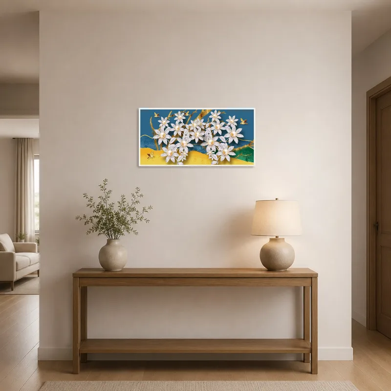 Welcoming floral design with birds in a bright entrance hall.