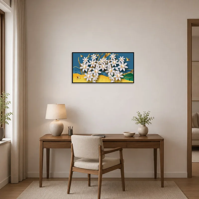 Floral art with pearls and birds enhancing a creative home office.