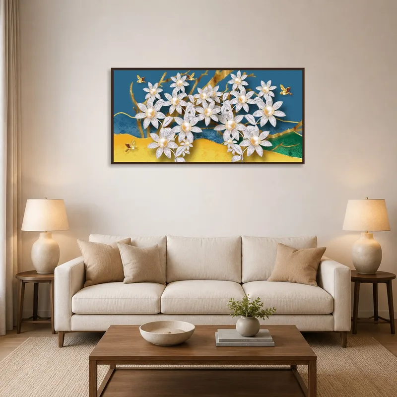 Floral art with pearls and birds displayed above a modern sofa.