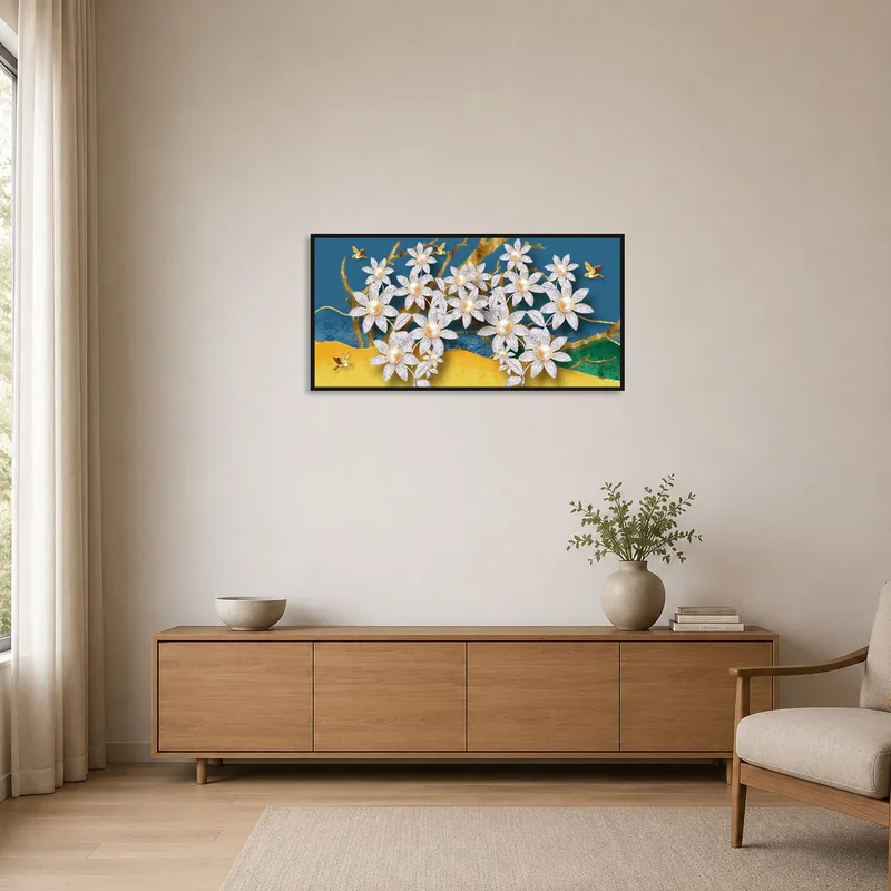 Sophisticated floral artwork adding charm to a simplistic space.