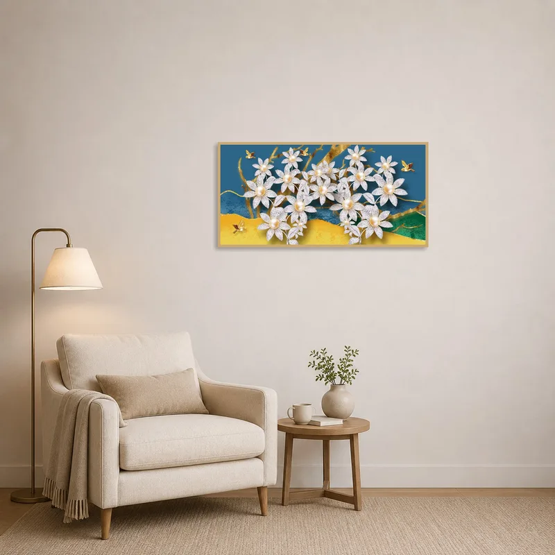 Intricate floral piece brings elegance to a cozy reading nook.
