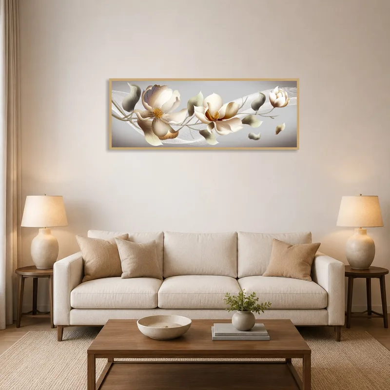 Floral art piece enhances the cozy, inviting feel of the living room.