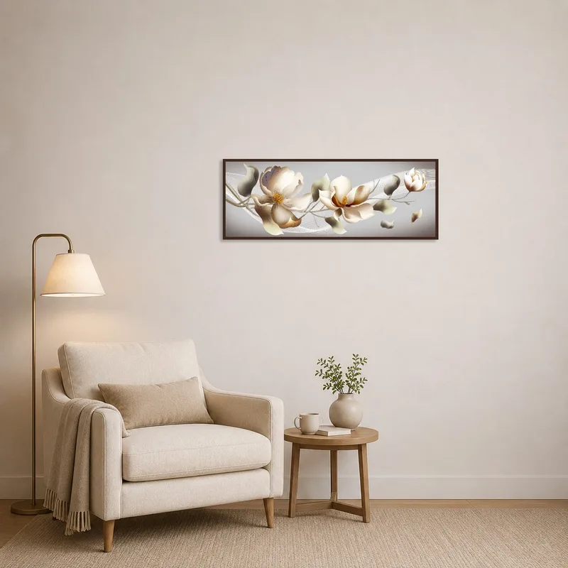 Elegant floral piece adds charm to a cozy reading corner.