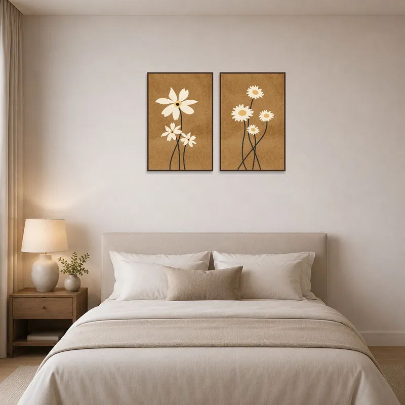Floral pair in soothing earth hues adorns a tranquil bedroom wall.