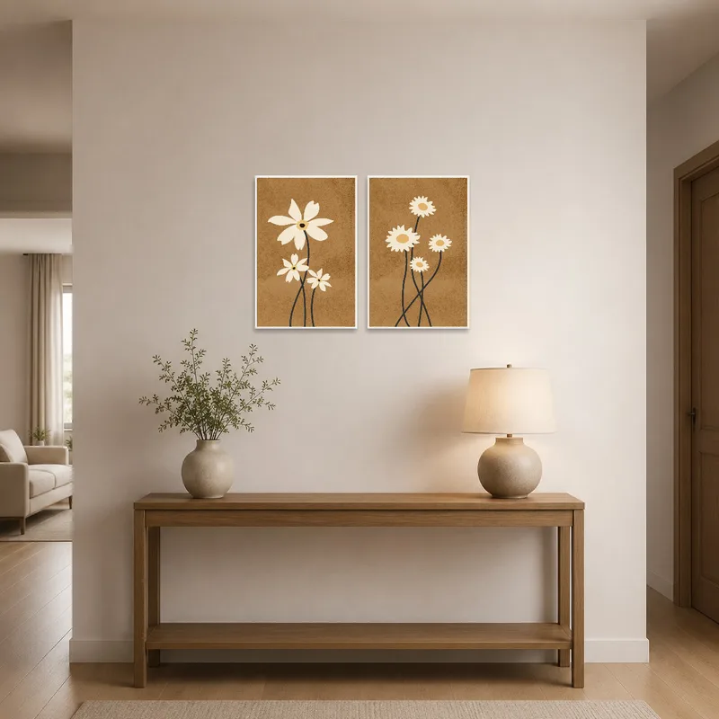 Warm floral art greets guests in a welcoming entrance hall.