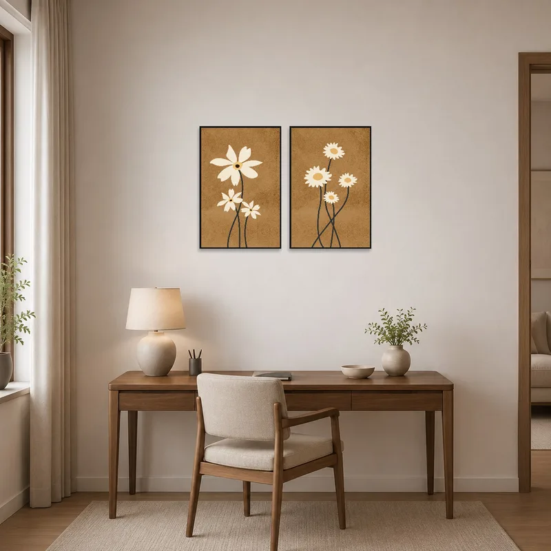 Elegant floral pieces complement a stylish home office workspace.