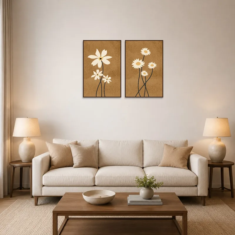 Earth tone floral duo displayed above a modern sofa in a cozy living room.