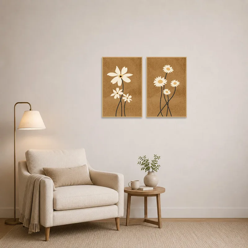 Earthy floral duo adds calm to a quiet reading corner.