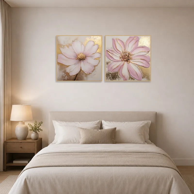 Elegant floral artwork complementing a serene bedroom ambiance in soft pink and gold.